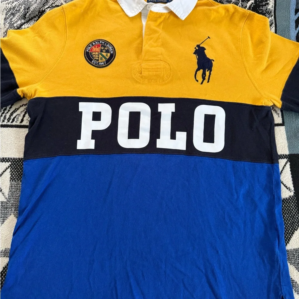 Polo Ralph Lauren Navy Royal Blue/Yellow Gold Colorblock Long Sleeve PatchedPolo
